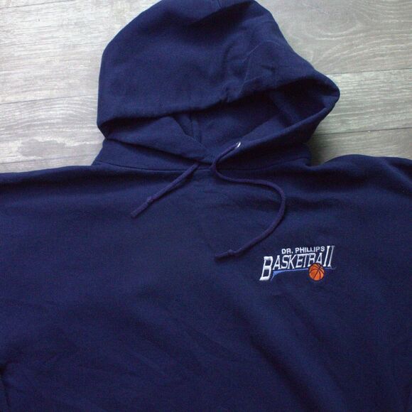 VINTAGE Jerzees Hoodie Dr. Phillips 50 Mens L Blue Navy Super Sweats Basketball - Picture 1 of 5